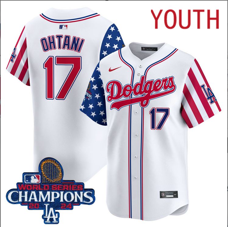 Youth MLB Los Angeles Dodgers 17 Ohtani American Style white 2024 World Series Champions Limited Jersey